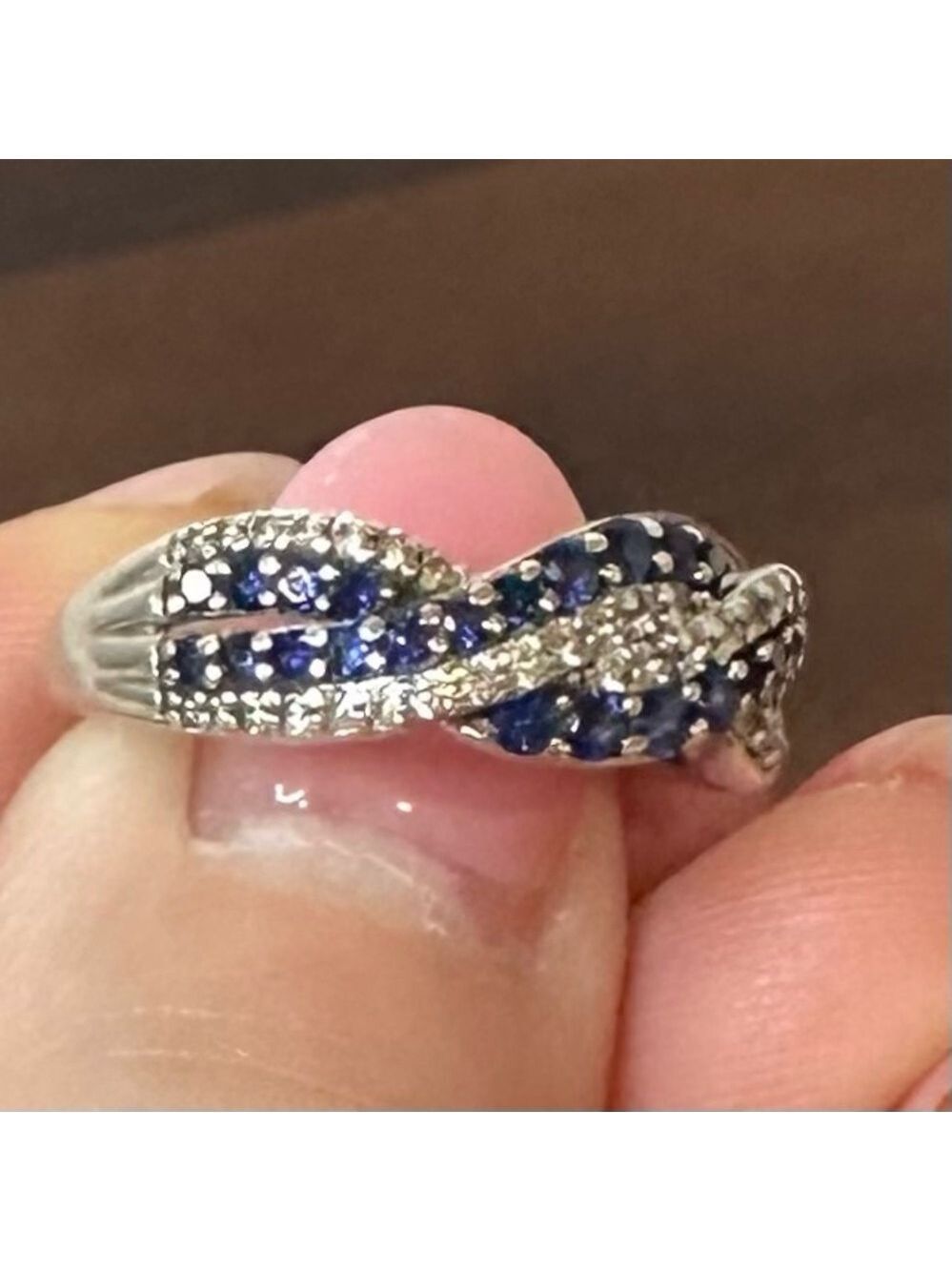 925 Sterling Silver Blue Sapphire & Diamond Accent Crossover Ring Size 8